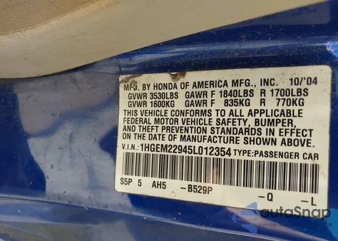 2005 Honda Civic Ex из США, поврежденный, VIN 1HGEM22945L012354